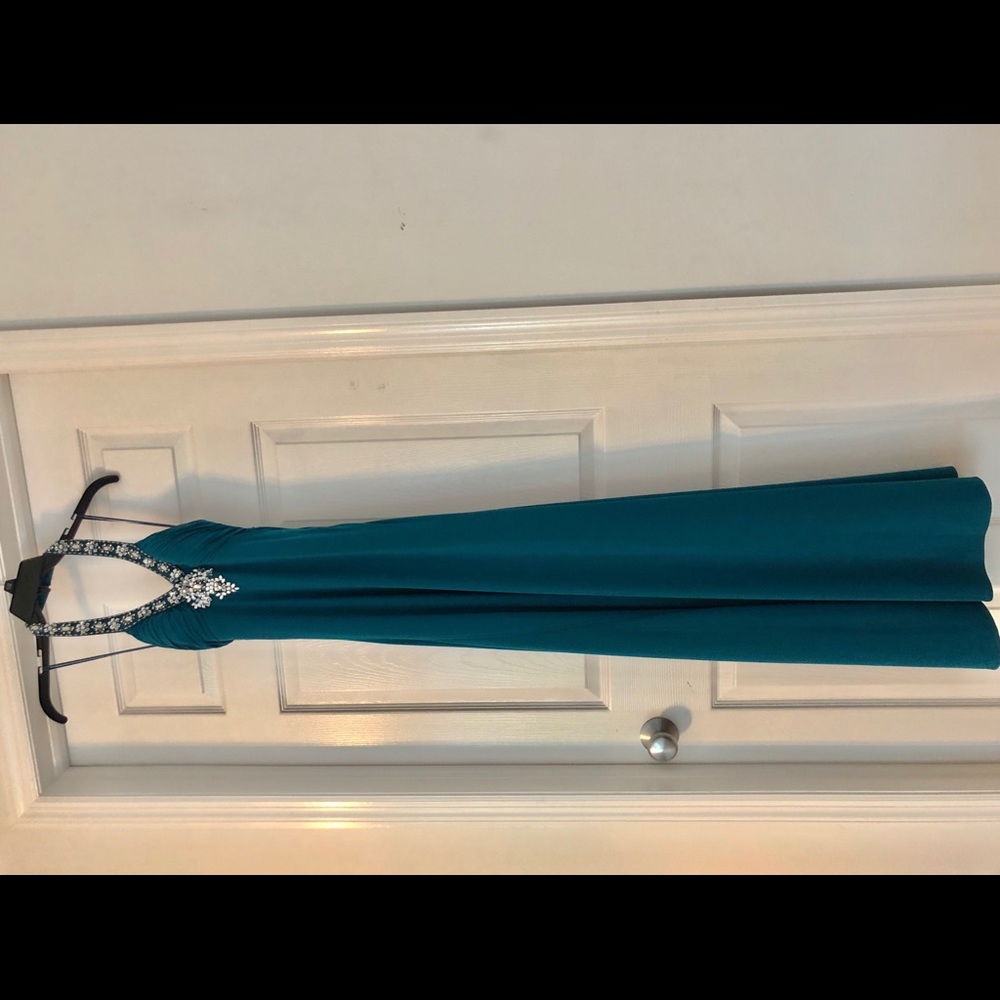 Long jade green formal half backless dress